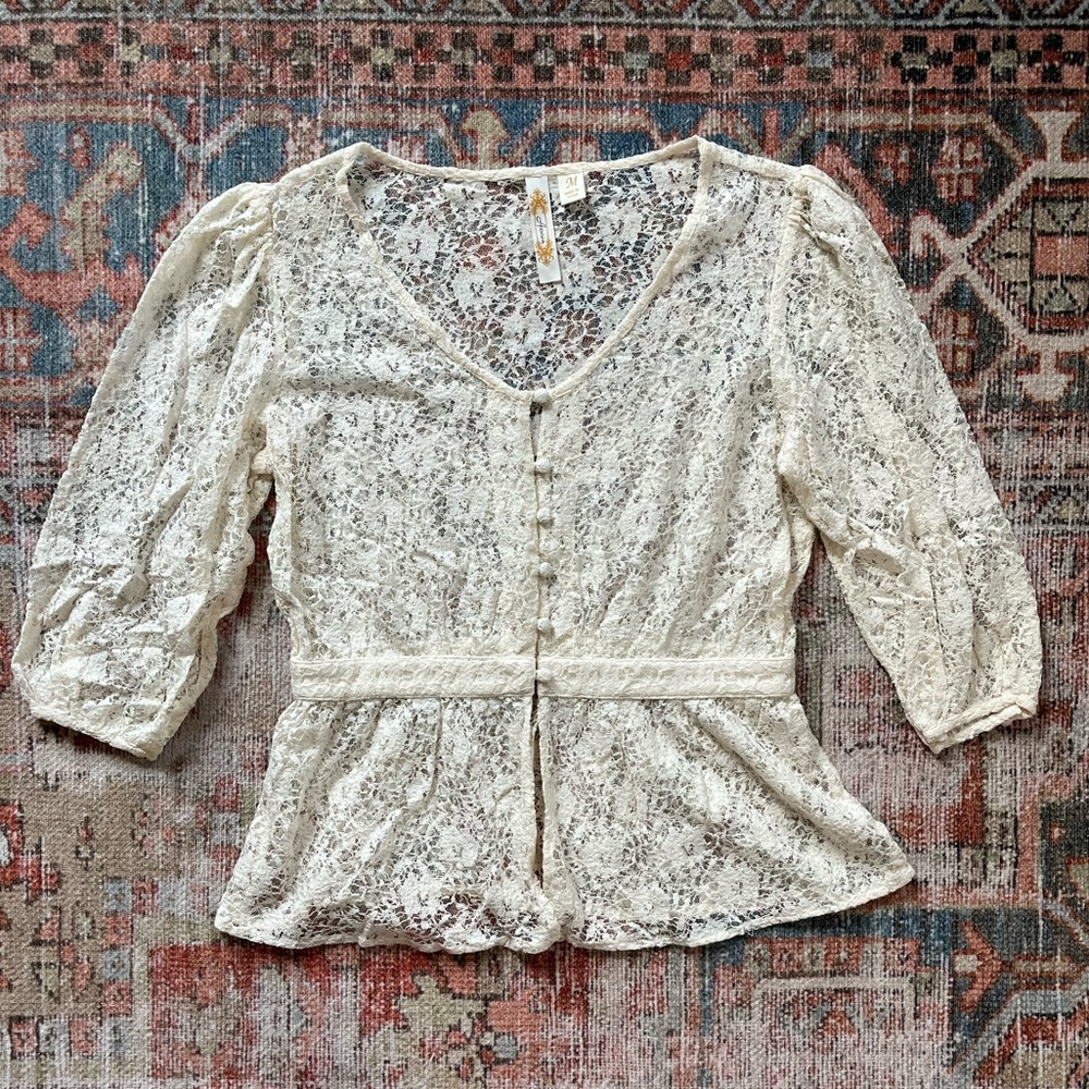 Elegant Lace Button Front Overlay Top